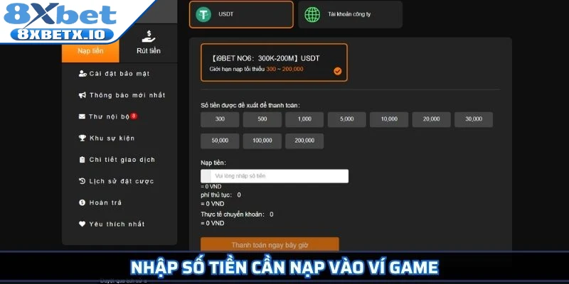 Nhập số tiền cần nạp vào ví game